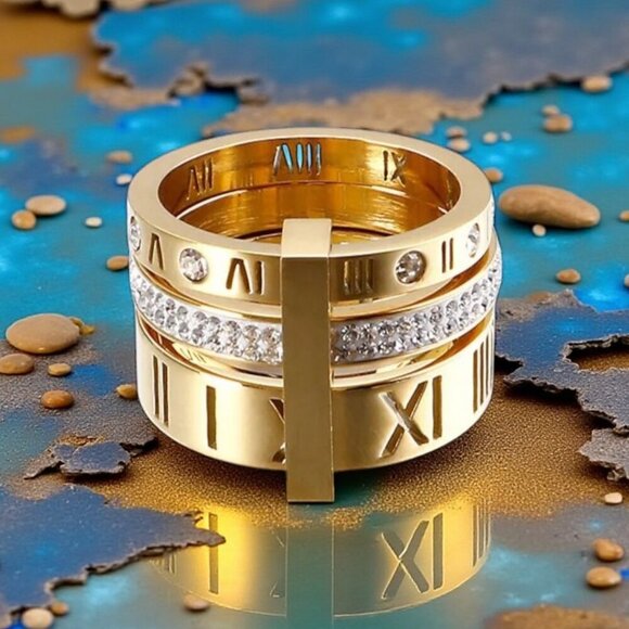 🆕️Modern Classic Roman Numeral Unisex Ring 18K Gold Plated Stainless Steel Sz 9 - Picture 1 of 15